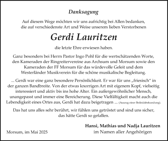 Traueranzeige von Gerdi Lauritzen von Sylter Rundschau