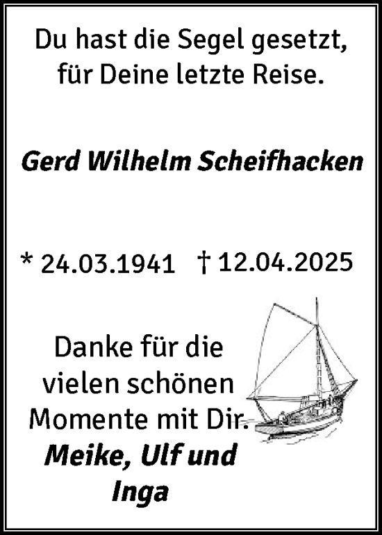 Traueranzeige von Gerd Wilhelm Scheifhacken von Flensburger Tageblatt