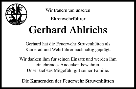 Traueranzeige von Gerhard Ahlrichs von Umschau