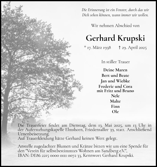 Traueranzeige von Gerhard Krupski von Elmshorner Nachrichten, Barmstedter Zeitung