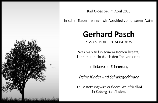 Traueranzeige von Gerhard Pasch von MARKT Ahrensburg/Bargteheide/Trittau und Stormarner Tageblatt