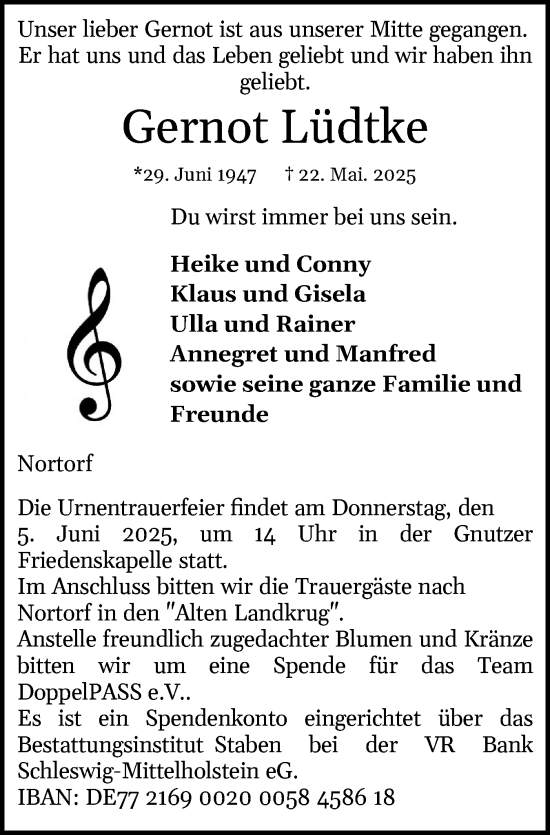 Traueranzeige von Gernot Lüdtke von Schleswig-Holsteinische Landeszeitung