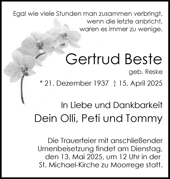 Traueranzeige von Gertrud Beste von Uetersener Nachrichten, Der tip am Wochenende