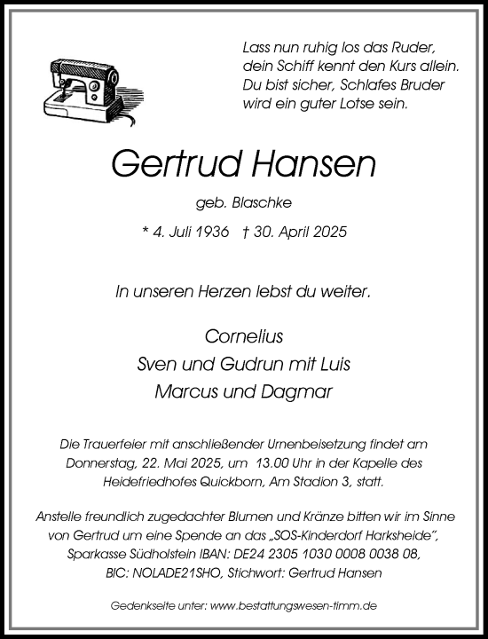 Traueranzeige von Gertrud Hansen von Umschau