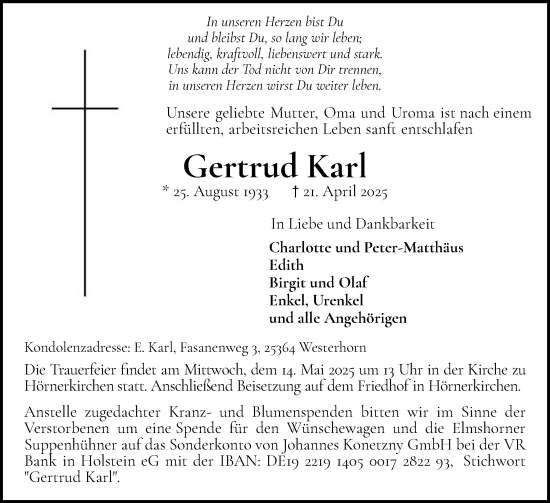 Traueranzeige von Gertrud Karl von Elmshorner Nachrichten, Barmstedter Zeitung