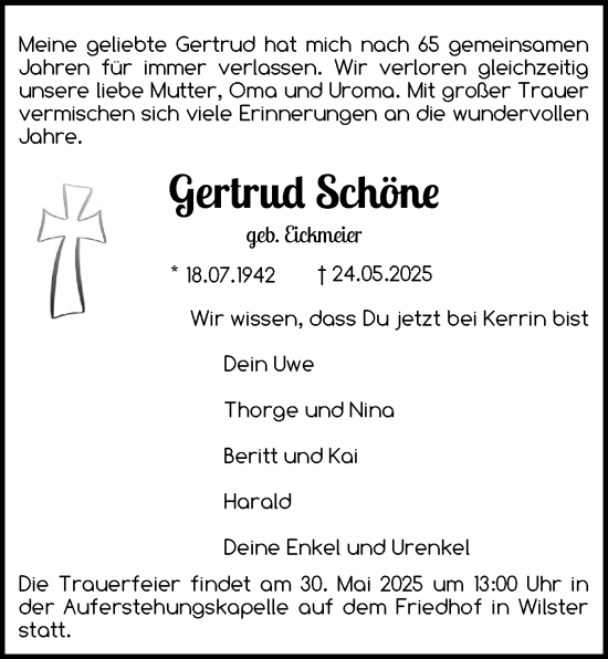 Traueranzeige von Gertrud Schöne von Norddeutsche Rundschau, Wilstersche Zeitung, Glückstädter Fortuna