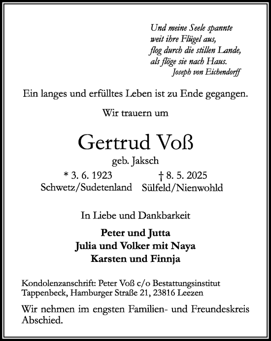 Traueranzeige von Gertrud Voß von MARKT Ahrensburg/Bargteheide/Trittau und Stormarner Tageblatt