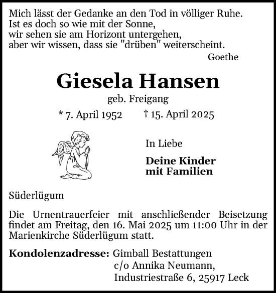 Traueranzeige von Giesela Hansen von Husumer Nachrichten, Nordfriesland Tageblatt