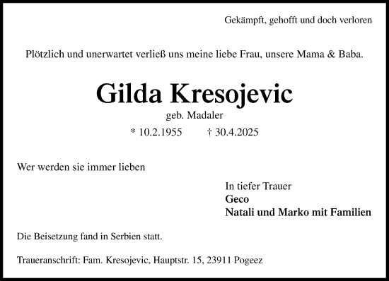 Traueranzeige von Gilda Kresojevic von MARKT Ratzeburg/Mölln