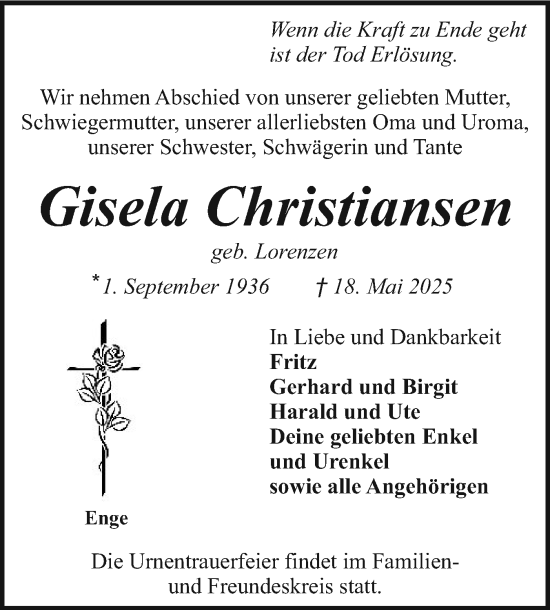 Traueranzeige von Gisela Christiansen von Husumer Nachrichten, Nordfriesland Tageblatt