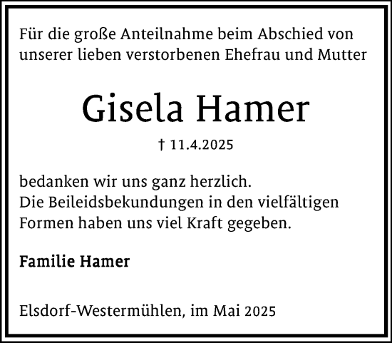 Traueranzeige von Gisela Hamer von Schleswig-Holsteinische Landeszeitung