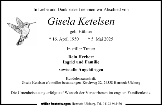 Traueranzeige von Gisela Ketelsen von Umschau