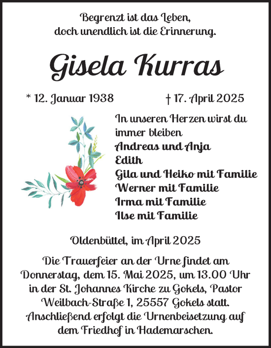 Traueranzeige von Gisela Kurras von Schleswig-Holsteinische Landeszeitung