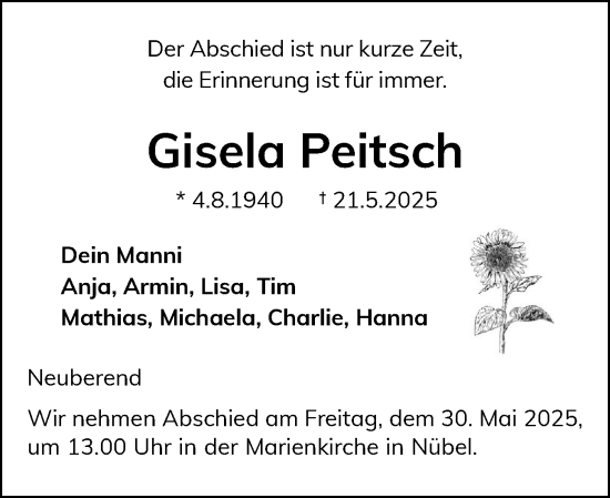 Traueranzeige von Gisela Peitsch von Schleswiger Nachrichten, Schlei-Bote