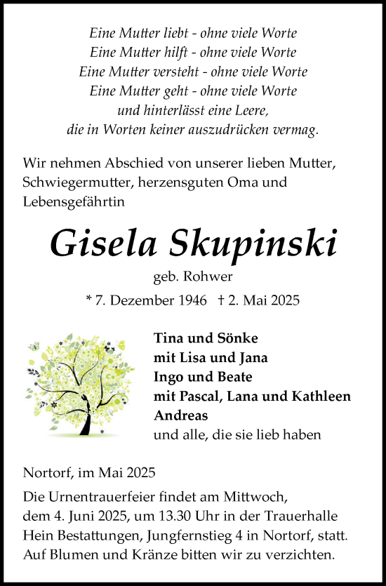 Traueranzeige von Gisela Skupinski von Schleswig-Holsteinische Landeszeitung