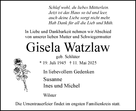 Traueranzeige von Gisela Watzlaw von Norddeutsche Rundschau, Wilstersche Zeitung, Glückstädter Fortuna