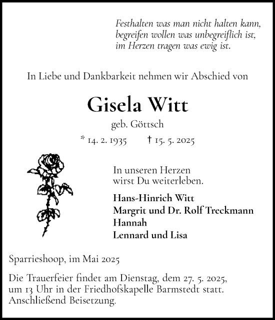 Traueranzeige von Gisela Witt von Elmshorner Nachrichten, Barmstedter Zeitung