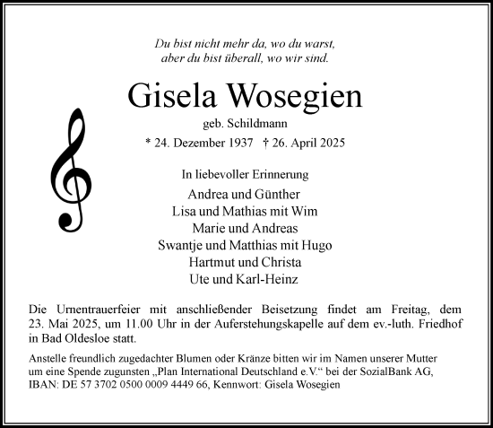 Traueranzeige von Gisela Wosegien von MARKT Bad Oldesloe/Reinfeld und Stormarner Tageblatt
