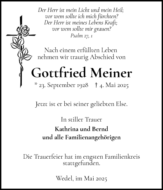 Traueranzeige von Gottfried Meiner von Wedel-Schulauer Tageblatt, tip Wedel-Schulauer Tageblatt, tip Rissener Rundschau