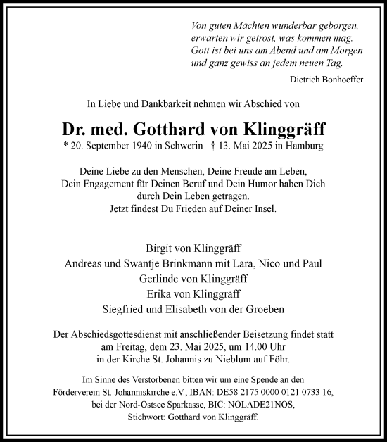 Traueranzeige von Gotthard von Klinggräff von Der Insel-Bote