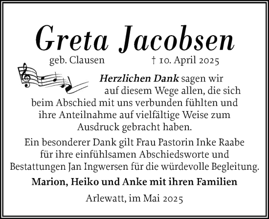 Traueranzeige von Greta Jacobsen von Husumer Nachrichten, Nordfriesland Tageblatt