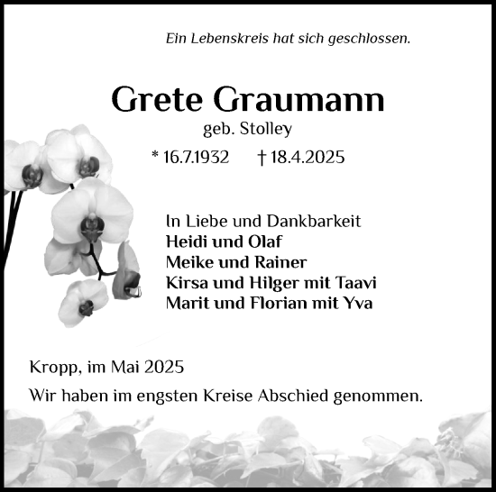 Traueranzeige von Grete Graumann von Schleswig-Holsteinische Landeszeitung