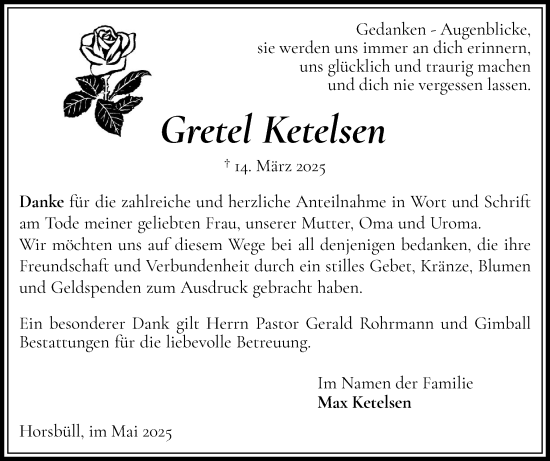 Traueranzeige von Gretel Ketelsen von Husumer Nachrichten, Nordfriesland Tageblatt