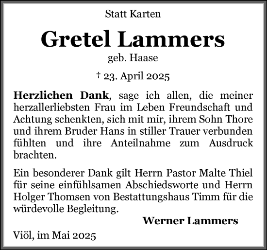 Traueranzeige von Gretel Lammers von Husumer Nachrichten, Nordfriesland Tageblatt