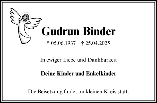 Traueranzeige von Gudrun Binder von MARKT Ahrensburg/Bargteheide/Trittau und Stormarner Tageblatt