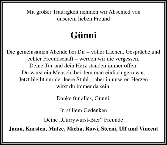 Traueranzeige von Günni  von MARKT Bad Oldesloe/Reinfeld und Stormarner Tageblatt