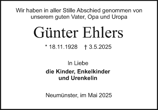 Traueranzeige von Günter Ehlers von Holsteinischer Courier