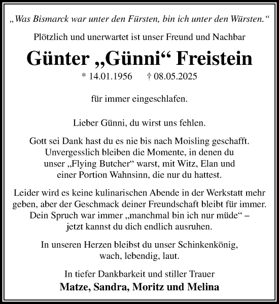 Traueranzeige von Günter Freistein von MARKT Bad Oldesloe/Reinfeld und Stormarner Tageblatt