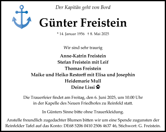 Traueranzeige von Günter Freistein von MARKT Bad Oldesloe/Reinfeld und Stormarner Tageblatt