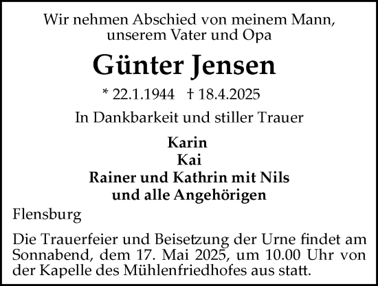 Traueranzeige von Günter Jensen von Flensburger Tageblatt