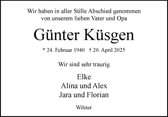 Traueranzeige von Günter Küsgen von Norddeutsche Rundschau, Wilstersche Zeitung, Glückstädter Fortuna