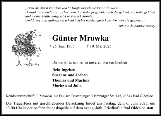 Traueranzeige von Günter Mrowka von MARKT Bad Oldesloe/Reinfeld und Stormarner Tageblatt