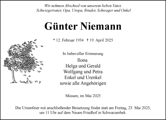 Traueranzeige von Günter Niemann von Wochenend Anzeiger