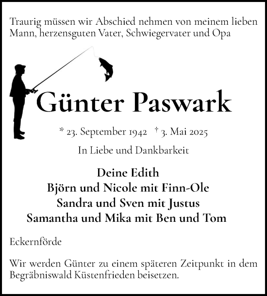 Traueranzeige von Günter Paswark von Eckernförder Zeitung, Hallo Eckernförde