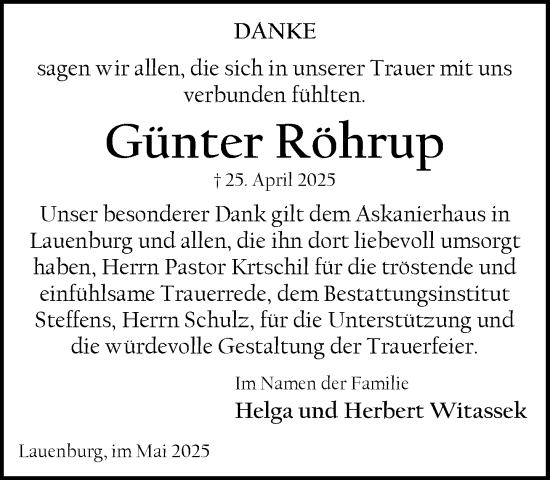 Traueranzeige von Günter Röhrup von Wochenend Anzeiger