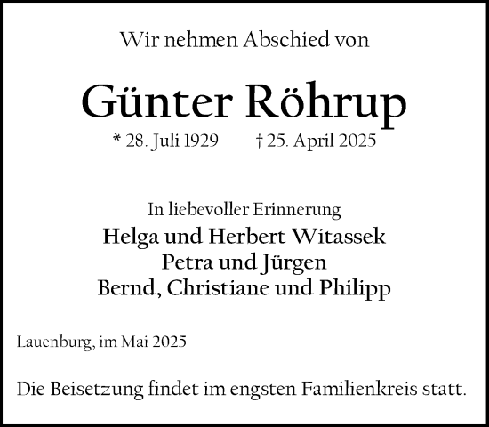 Traueranzeige von Günter Röhrup von Wochenend Anzeiger