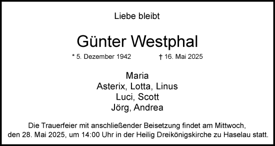 Traueranzeige von Günter Westphal von Uetersener Nachrichten, Der tip am Wochenende