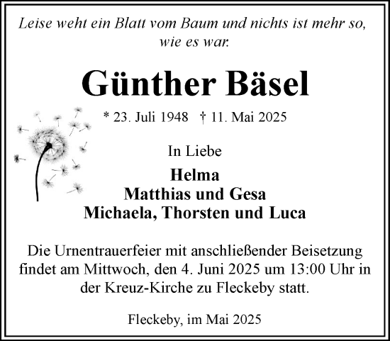 Traueranzeige von Günther Bäsel von Eckernförder Zeitung, Hallo Eckernförde