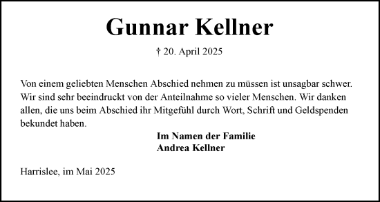 Traueranzeige von Gunnar Kellner von Flensburger Tageblatt