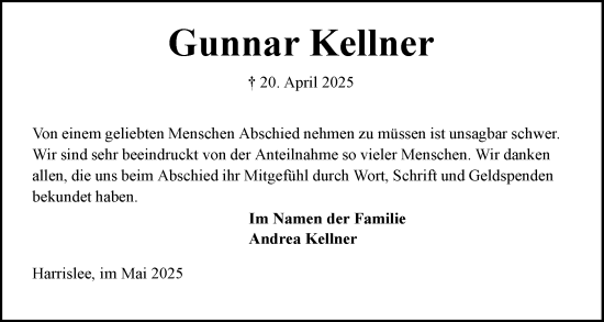 Traueranzeige von Gunnar Kellner von Flensburger Tageblatt