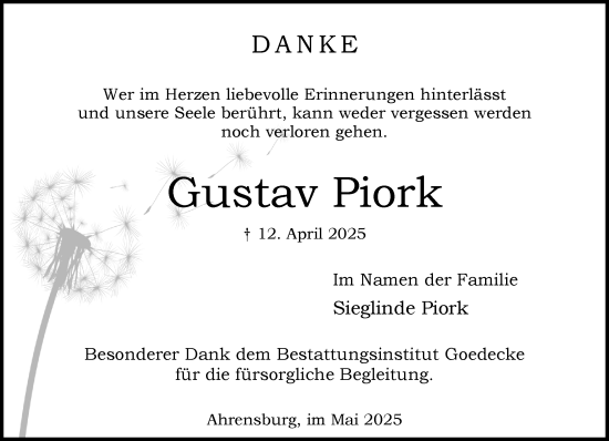 Traueranzeige von Gustav Piork von MARKT Ahrensburg/Bargteheide/Trittau und Stormarner Tageblatt