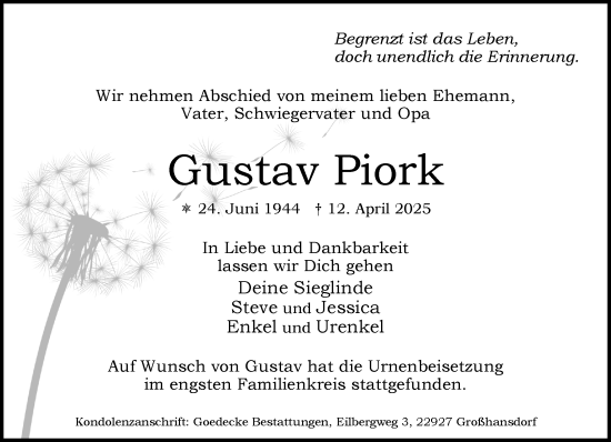 Traueranzeige von Gustav Piork von MARKT Ahrensburg/Bargteheide/Trittau und Stormarner Tageblatt