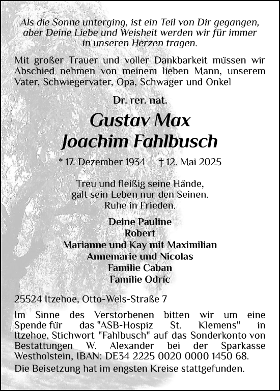 Traueranzeige von Gustav Max Joachim Fahlbusch von Norddeutsche Rundschau, Wilstersche Zeitung, Glückstädter Fortuna