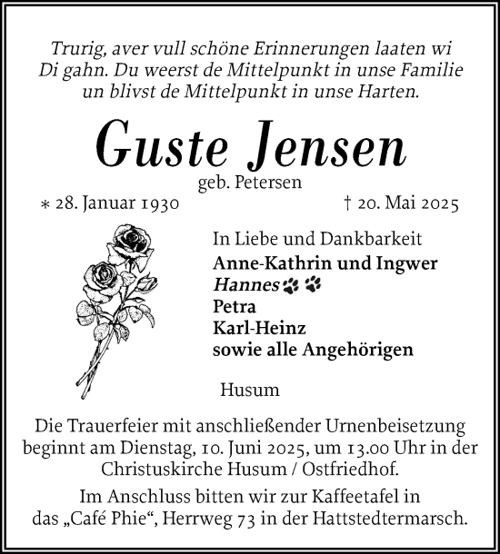 Traueranzeige von Guste Jensen von Husumer Nachrichten, Nordfriesland Tageblatt