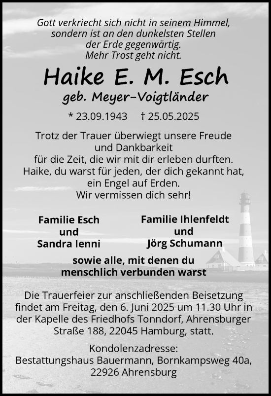 Traueranzeige von Haike Esch von Husumer Nachrichten, Nordfriesland Tageblatt