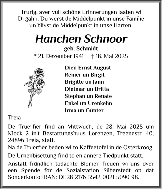 Traueranzeige von Hanchen Schnoor von Schleswiger Nachrichten, Schlei-Bote